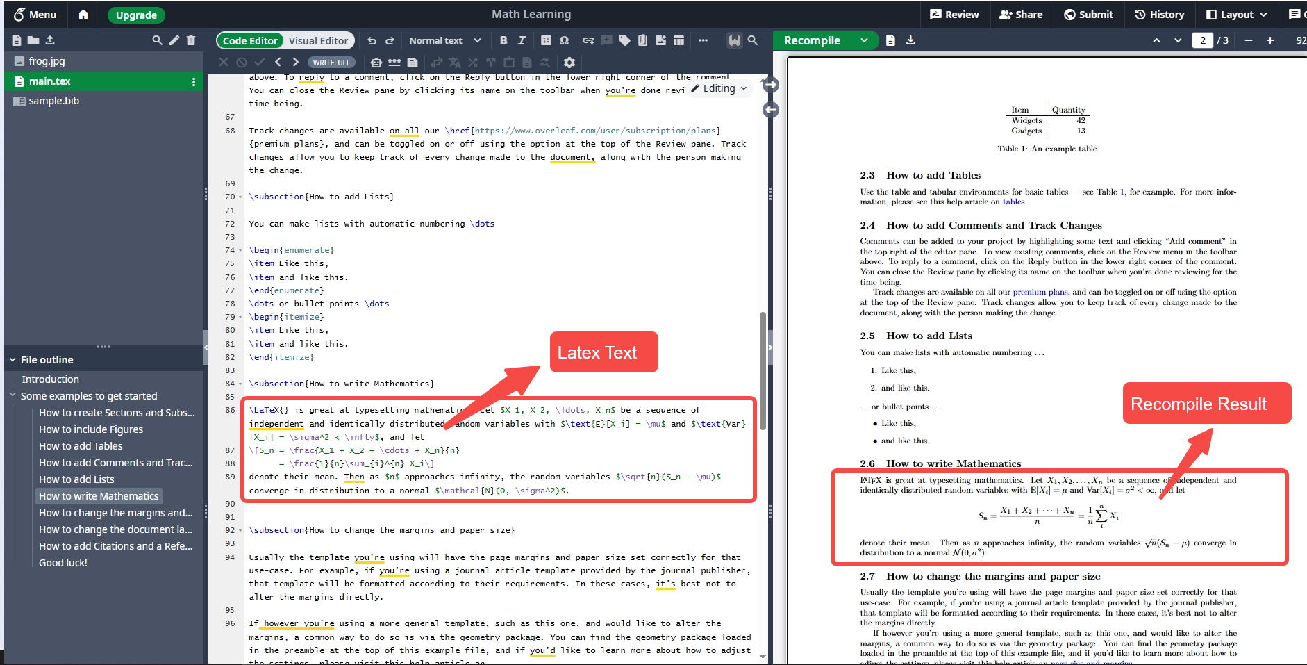 Overleaf LaTeX editor interface, showing LaTeX code with mathematical typesetting and its recompiled result, illustrating its use in structured math learning and professional document formatting.