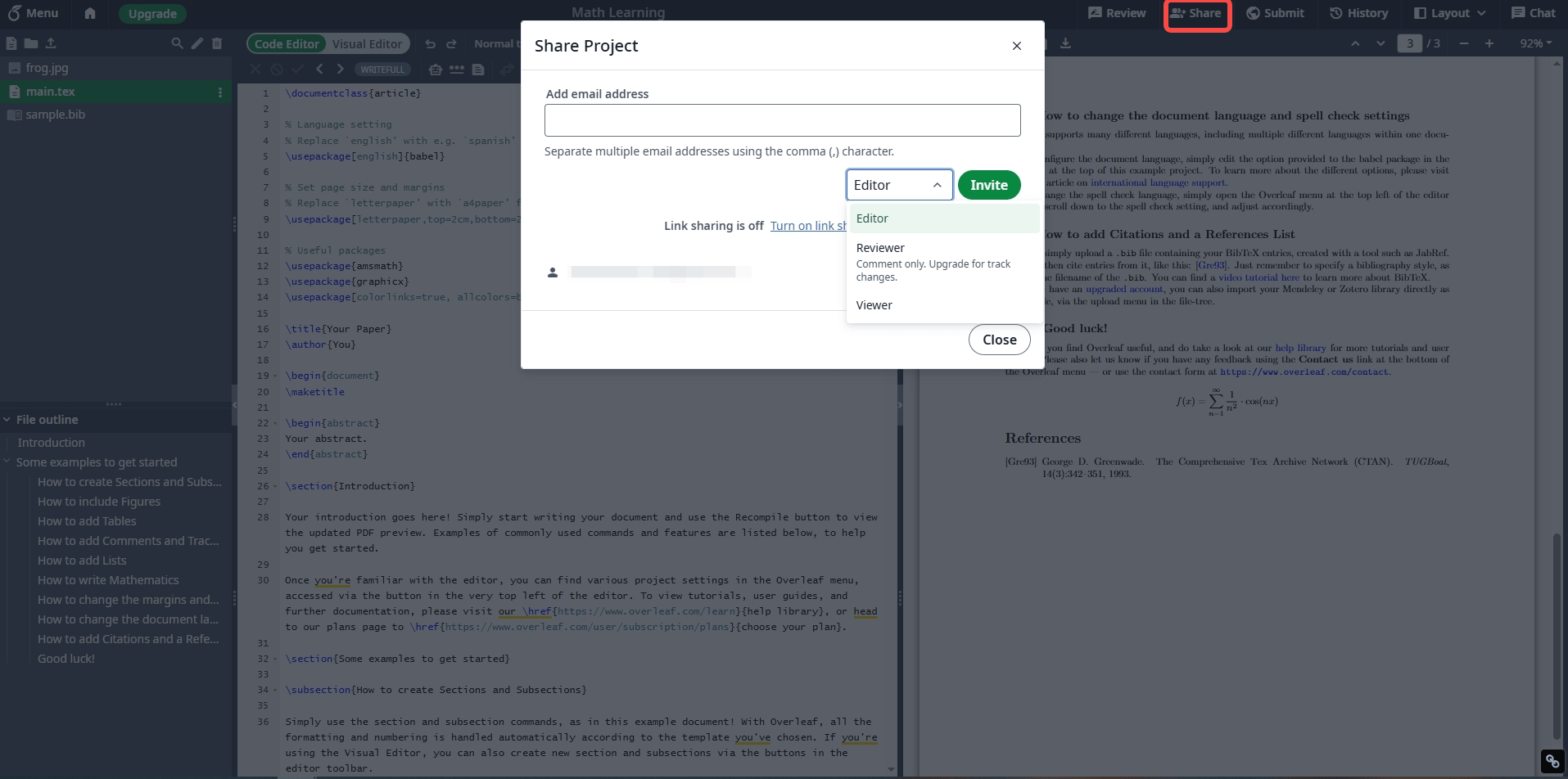 Overleaf's "Share Project" interface, demonstrating how to invite collaborators via email with permission options (Editor, Reviewer, Viewer) for simultaneous team editing in research or group assignments.