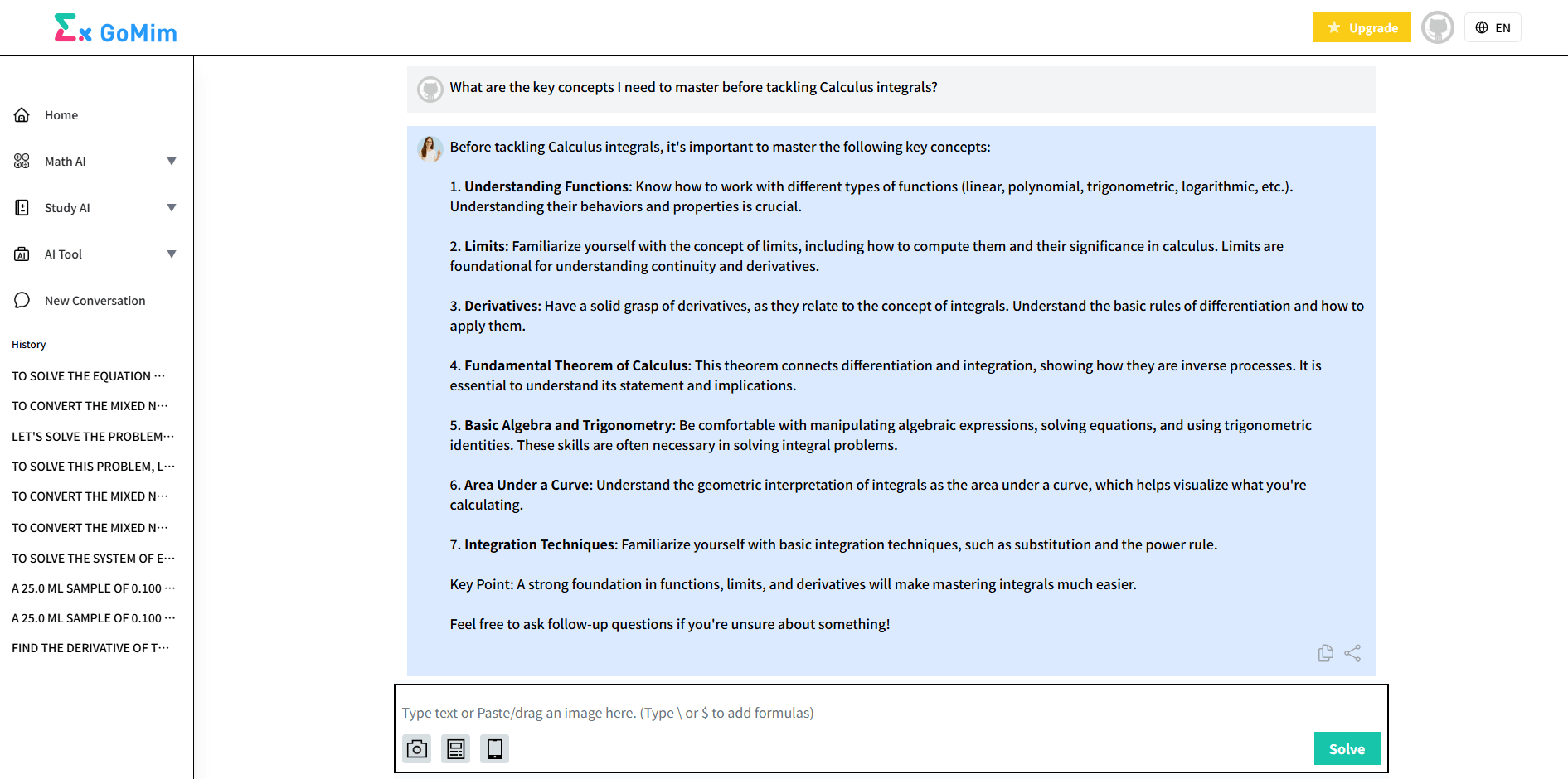GoMim interface outlining key concepts to master before calculus integrals (functions, limits, derivatives, etc.) for a structured learning path.