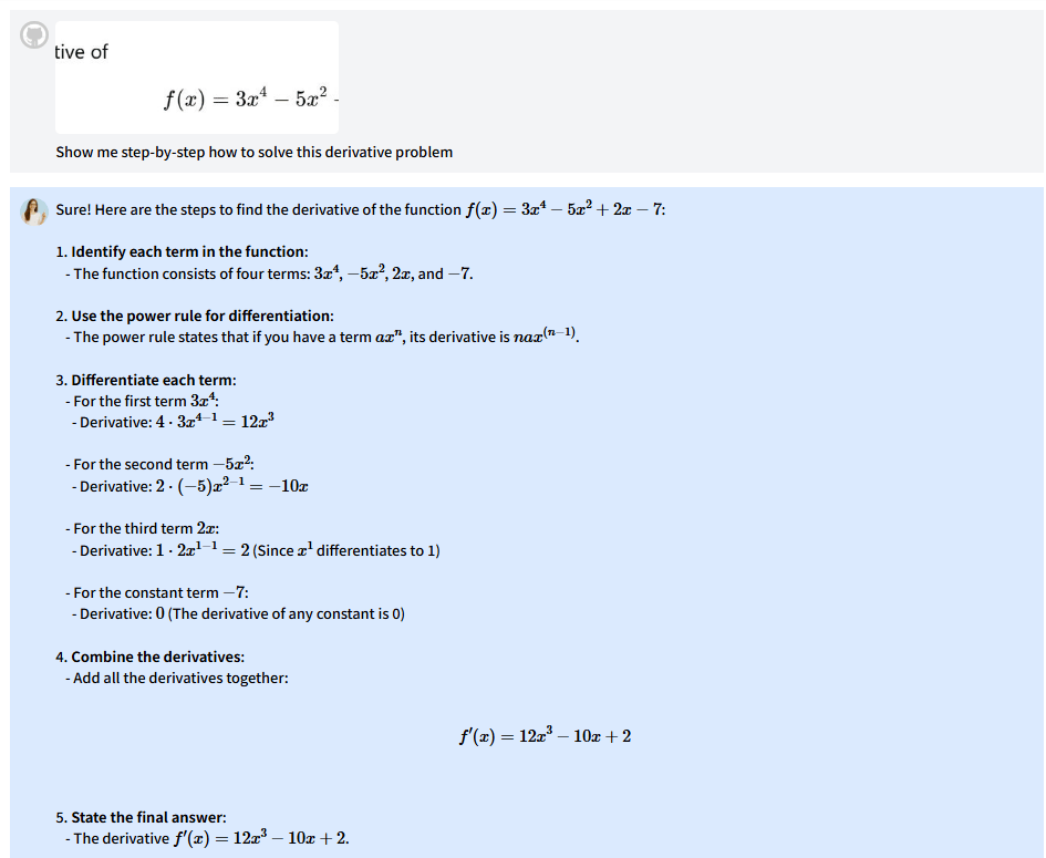 GoMim providing step-by-step solution for a derivative problem, explaining differentiation steps and rules for active practice.