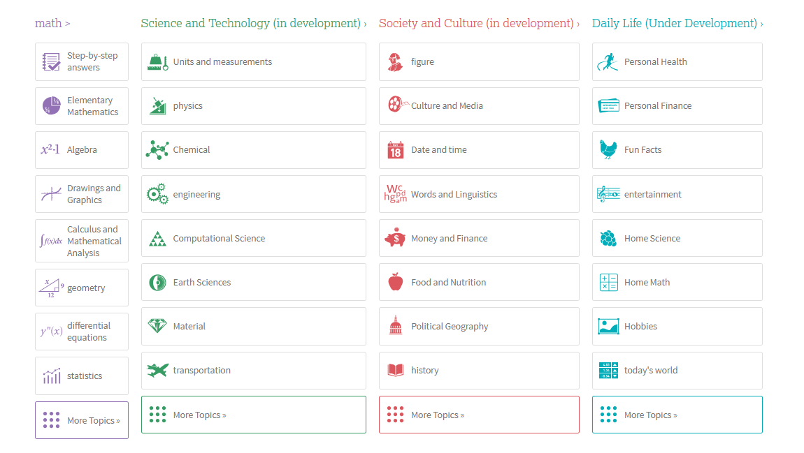 Categorized topic menu for math, science, and other disciplines, illustrating how a versatile AI math tool WolframAlpha enables advanced computation across fields.