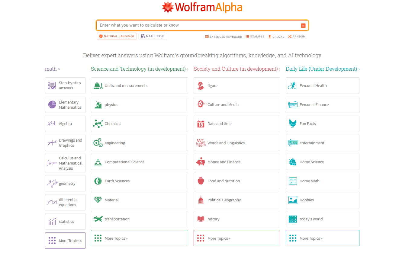 WolframAlpha homepage featuring a search bar and categorized topics, serving as a precise AI math solver and computational knowledge engine for advanced cross-disciplinary calculations.