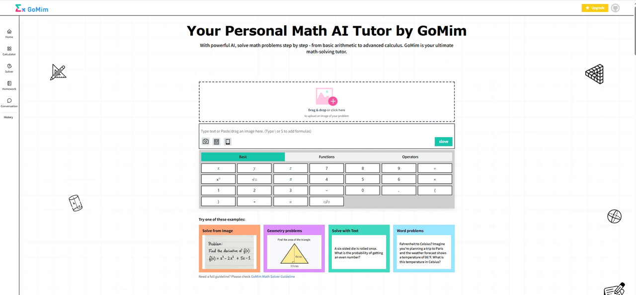 GoMim's approachable AI math tutor interface with problem upload, example cards, and organized navigation—friendly for student learners