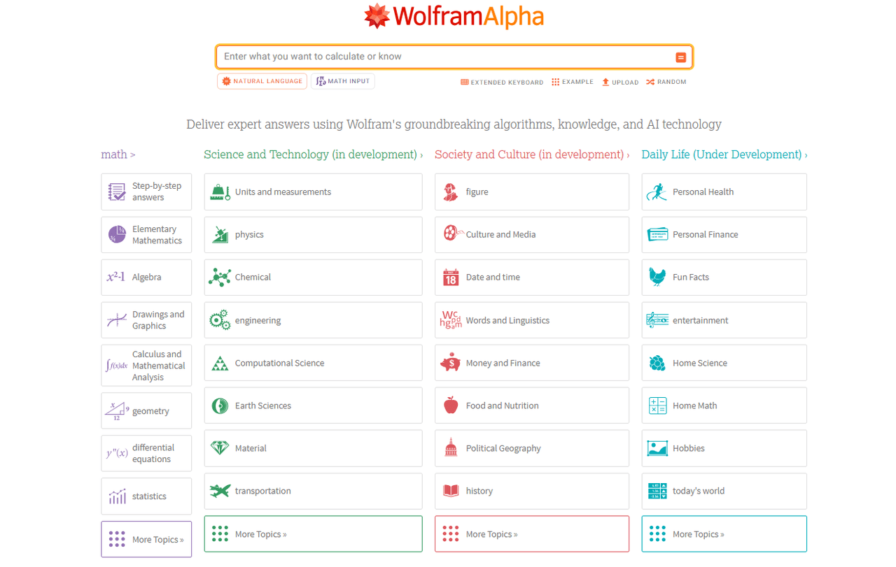 WolframAlpha's technical interface with a central search bar and cross-disciplinary topic modules, built for precise AI-powered computation.