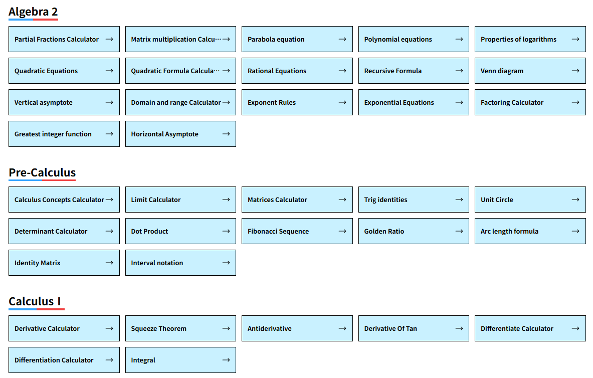 Categorized math topics (Algebra 2, Pre-Calculus, Calculus I) with tools like calculators, showcasing how an AI math calculator GoMim supports learning from basic to advanced concepts.