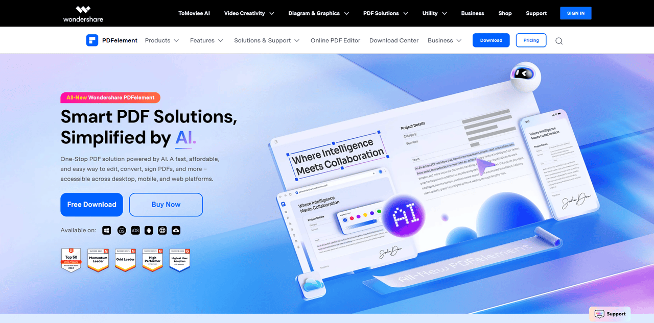 The homepage of Wondershare PDFelement.