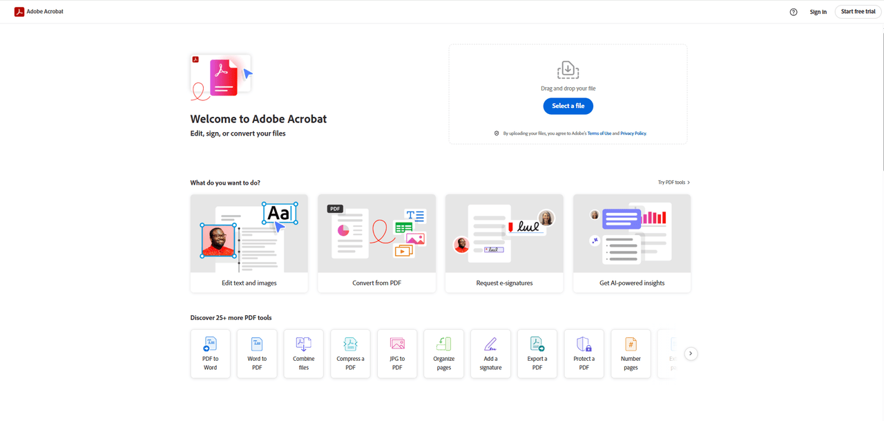 The homepage of Adobe Acrobat.