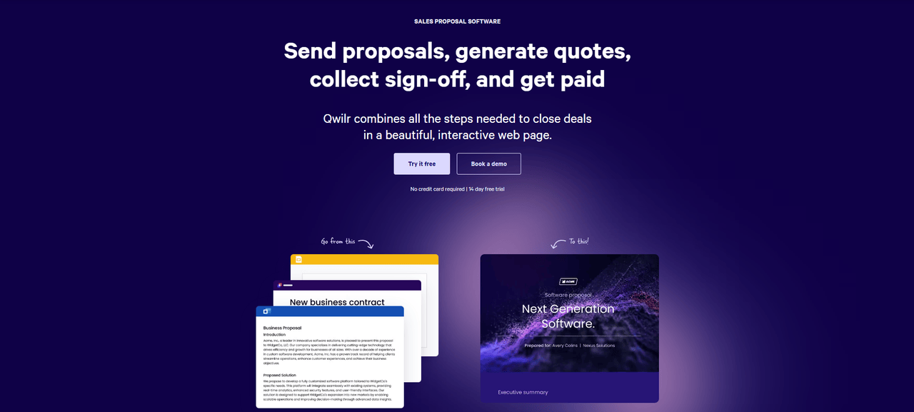 The homepage of Qwilr.