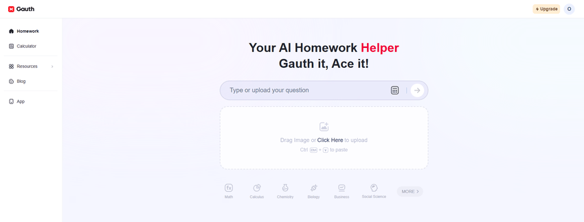 Overview of Gauth AI's interface as a comprehensive AI Homework Helper supporting photo or text input across multiple subjects.
