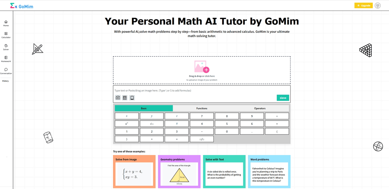 Overview of GoMim's interface as a dedicated AI Math Solver focusing on clear, step-by-step reasoning and comprehensive math topic coverage.