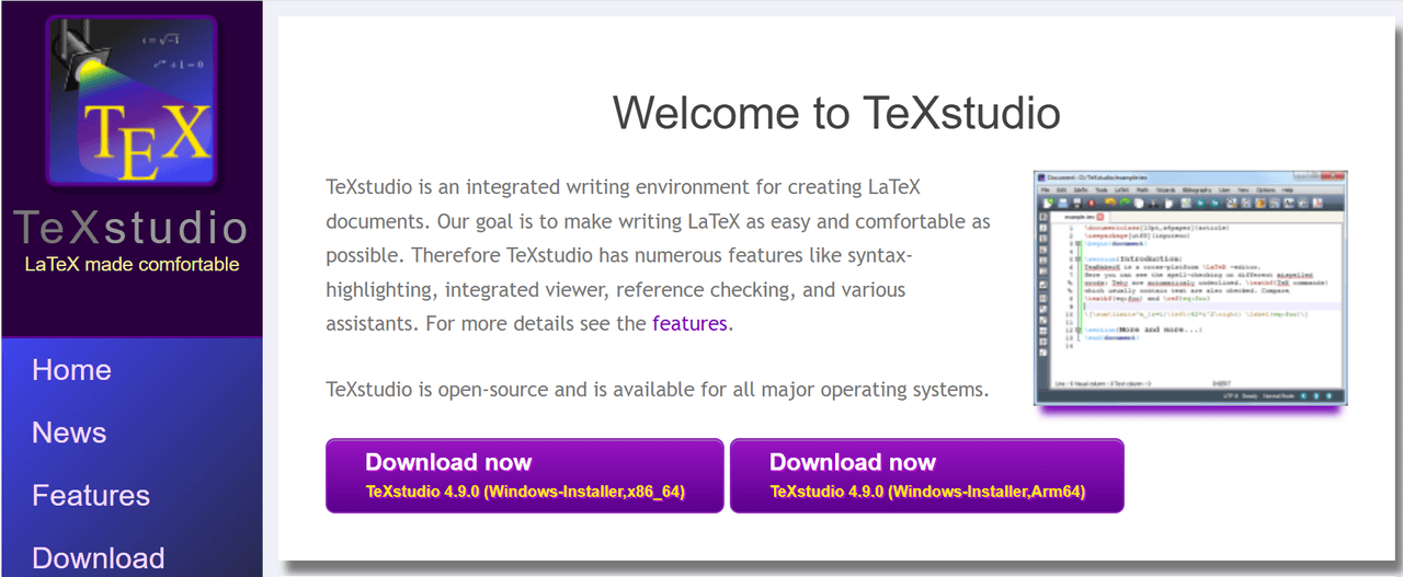 The homepage of TeXtstudio.