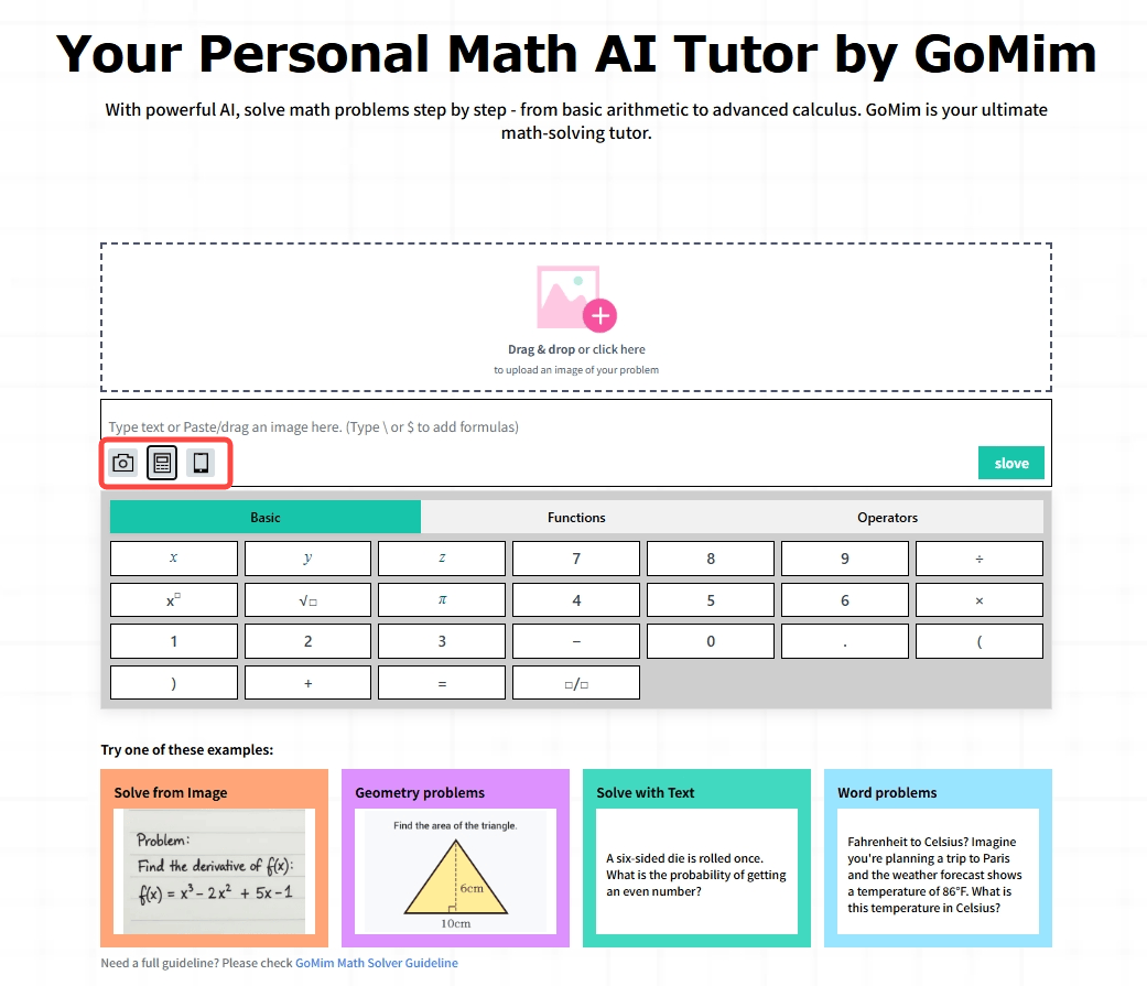 GoMim, an AI Math solver with OCR and multi-input support—featuring options to drag/drop images, type text, and solve diverse math problems via a virtual keyboard and example cards.