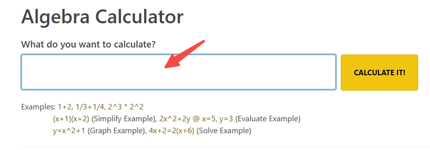 MathPapa's Algebra Calculator interface, a focused math AI tool: a text input box for quick, direct algebra problem solving, plus a "CALCULATE IT!" button.