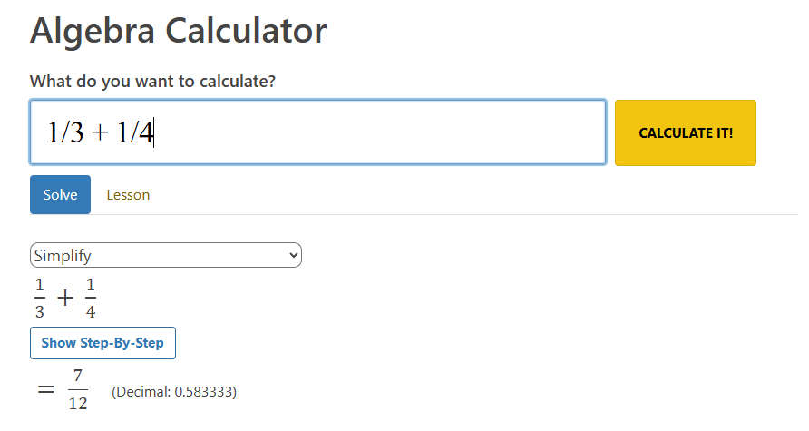 MathPapa's Algebra Calculator solving 1/3 + 1/4, with a 'Show Step-By-Step' option — illustrating this focused math AI tool for algebraic mastery.