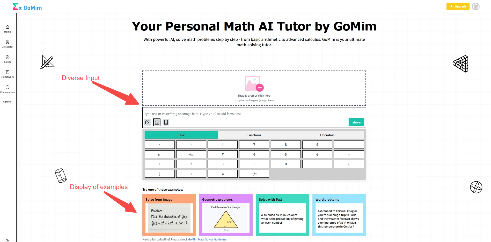 GoMim's interface as a versatile AI Math solver highlights multi-format input (text, image drag/drop) and example cards for diverse topics, matching its role as a flexible 'Personal Math AI Tutor'.