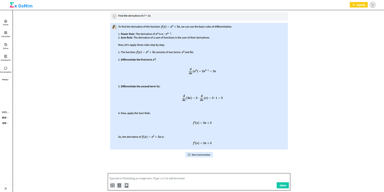 Screenshot of AI Math solver GoMim showing step-by-step solution for finding the derivative of \( x^2 + 3x \).