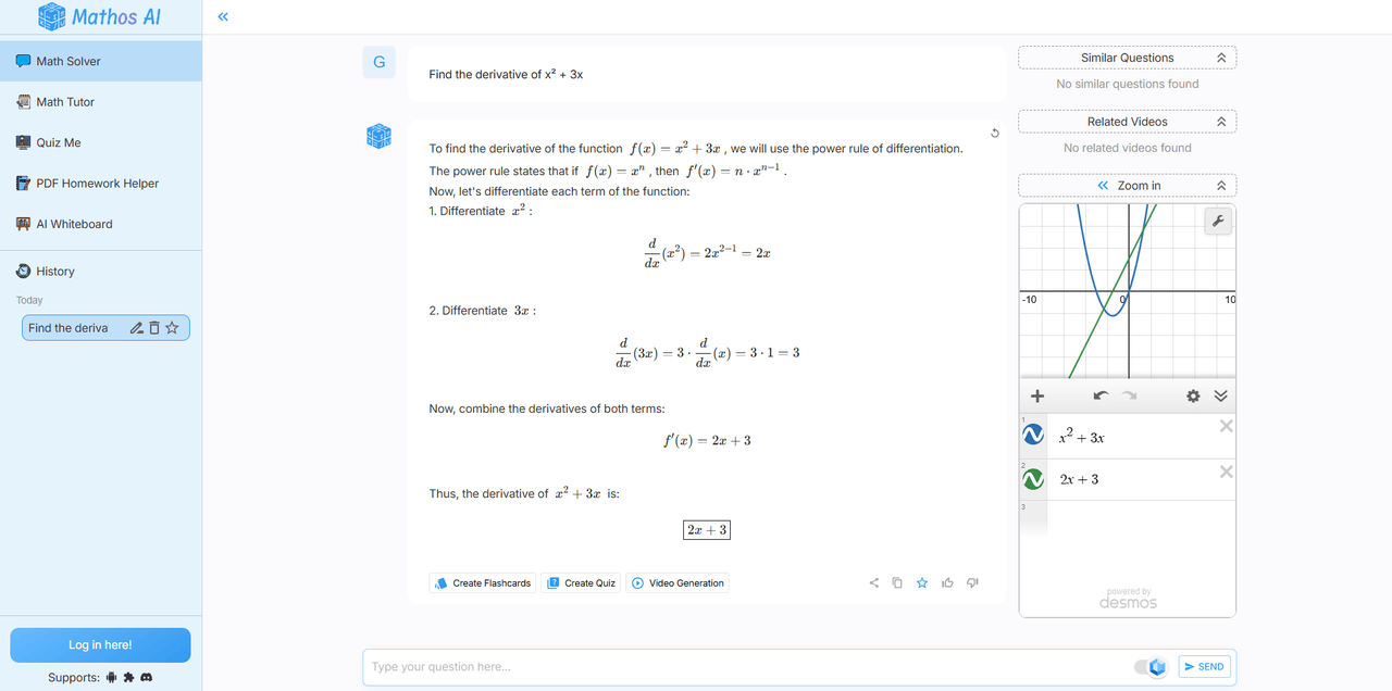 Screenshot of math AI tool Mathos AI showing the step-by-step derivative solution for \( x^2 + 3x \), with a function graph on the right.