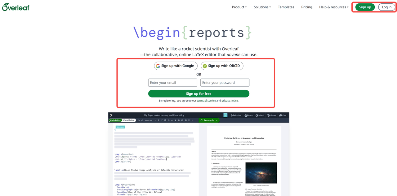 Sign in or Sign up interface of Overleaf