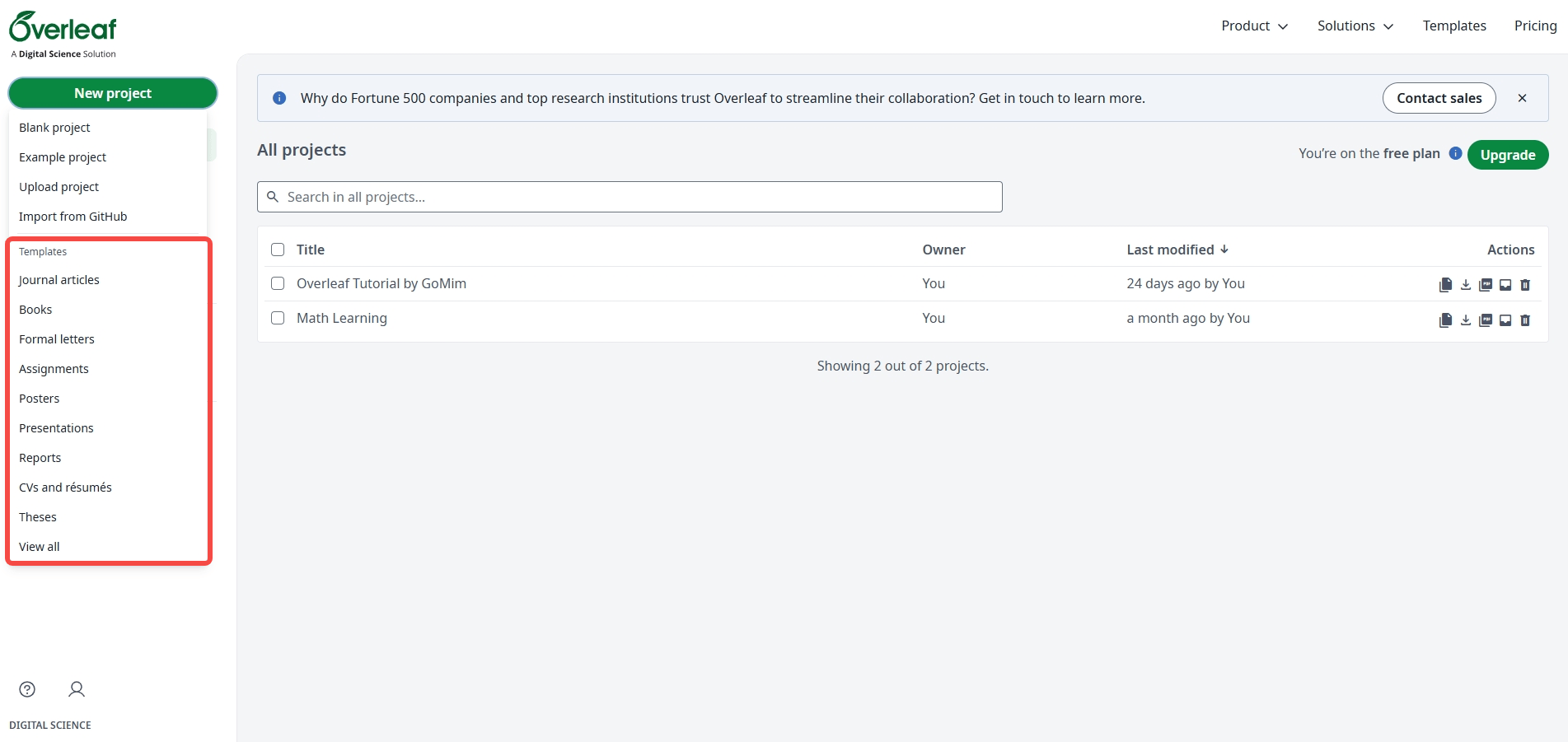 Various templates are exhitbed on the right of the Overleaf interface