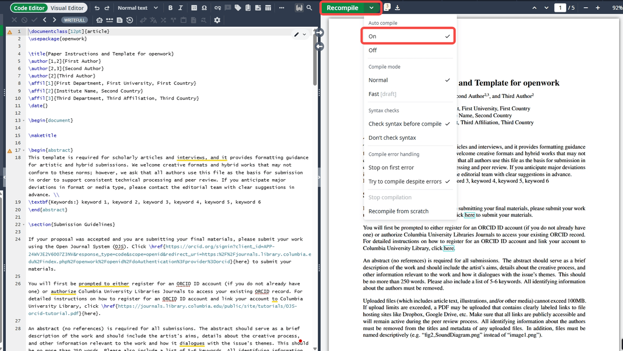 Overleaf automatically compiles the code into PDF format