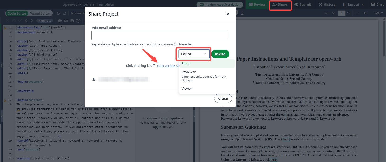 Overleaf supports real-time collaboration via sharing link