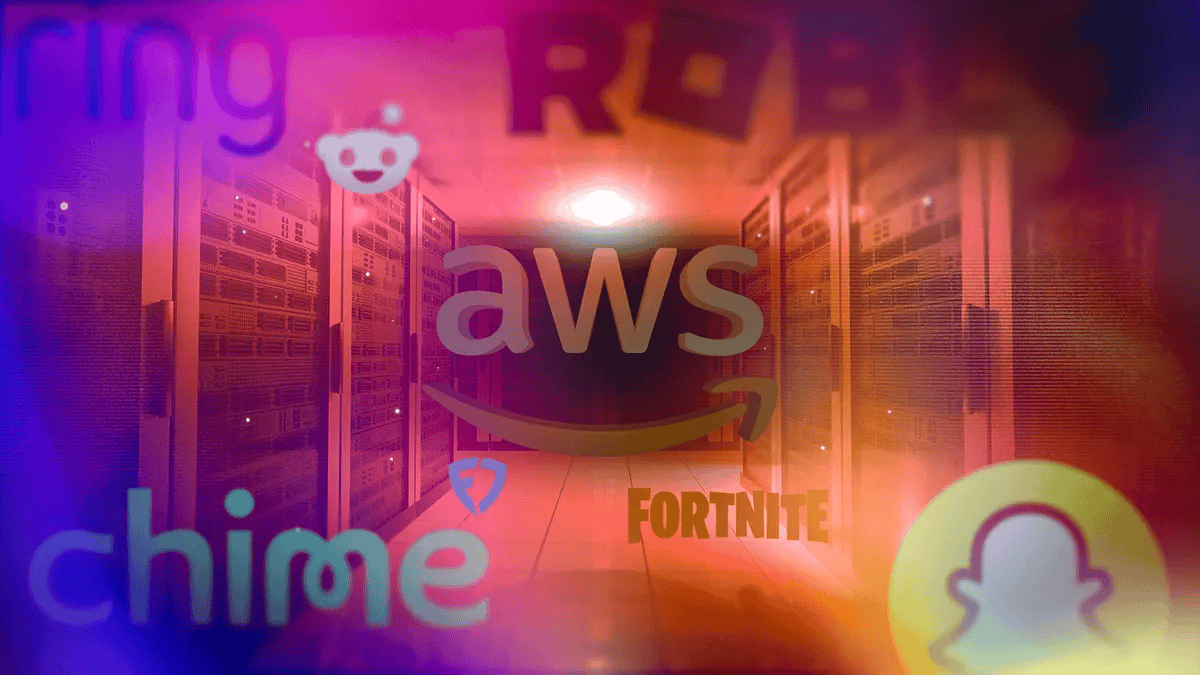 AWS data center with logos of services (Snapchat, Fortnite, Chime, etc.) impacted by the outage.