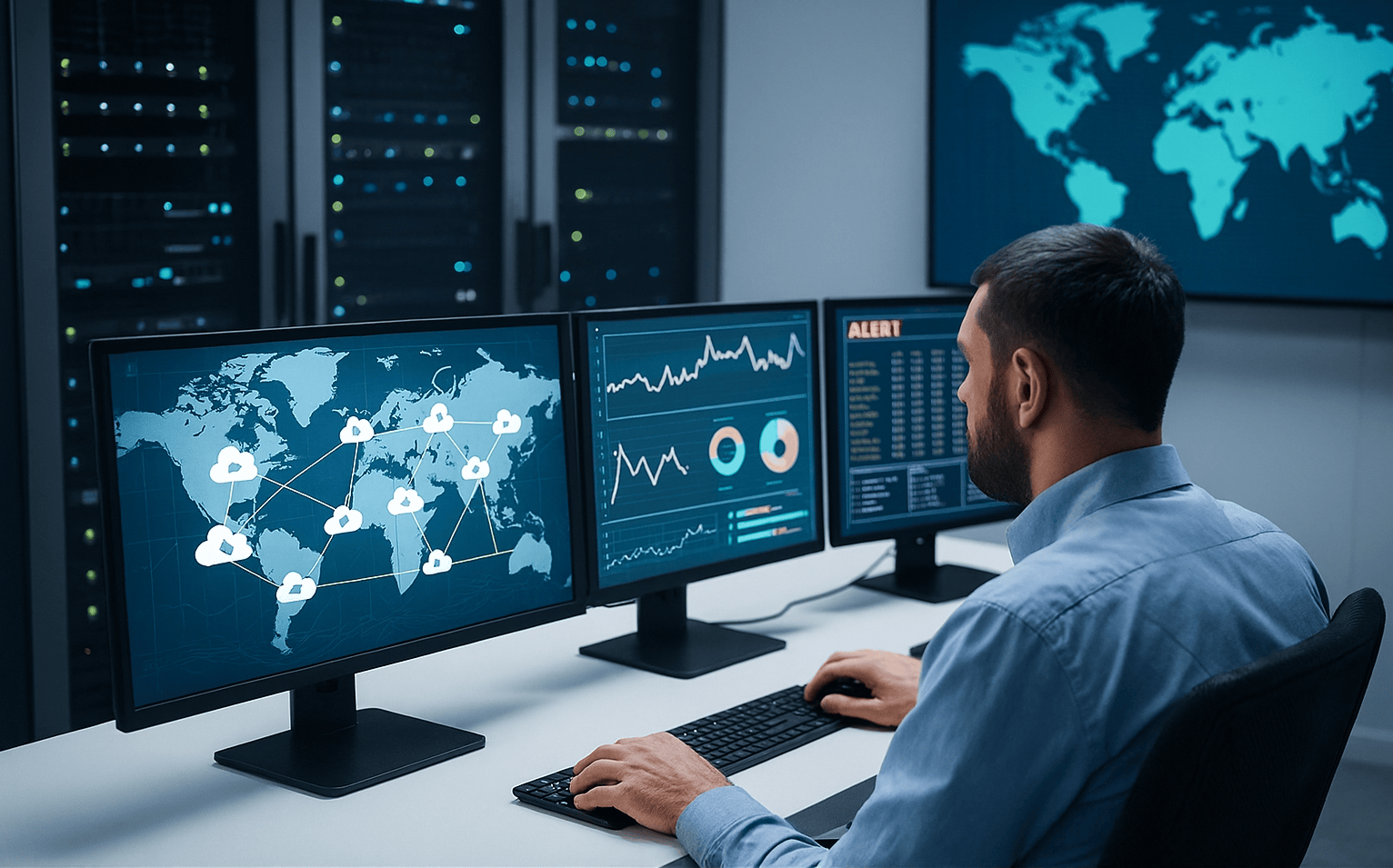 Technician in a data center monitoring global cloud network, analytics, and alerts on multiple screens (relating to building resilient digital infrastructure).