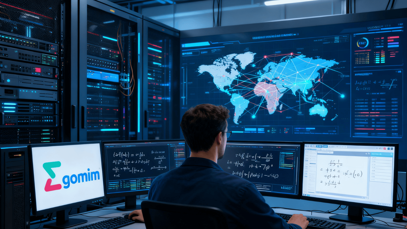 Person in a data center monitoring systems with multiple screens displaying GoMim branding, mathematical equations, and global network visuals, reflecting efforts to enhance technical reliability.