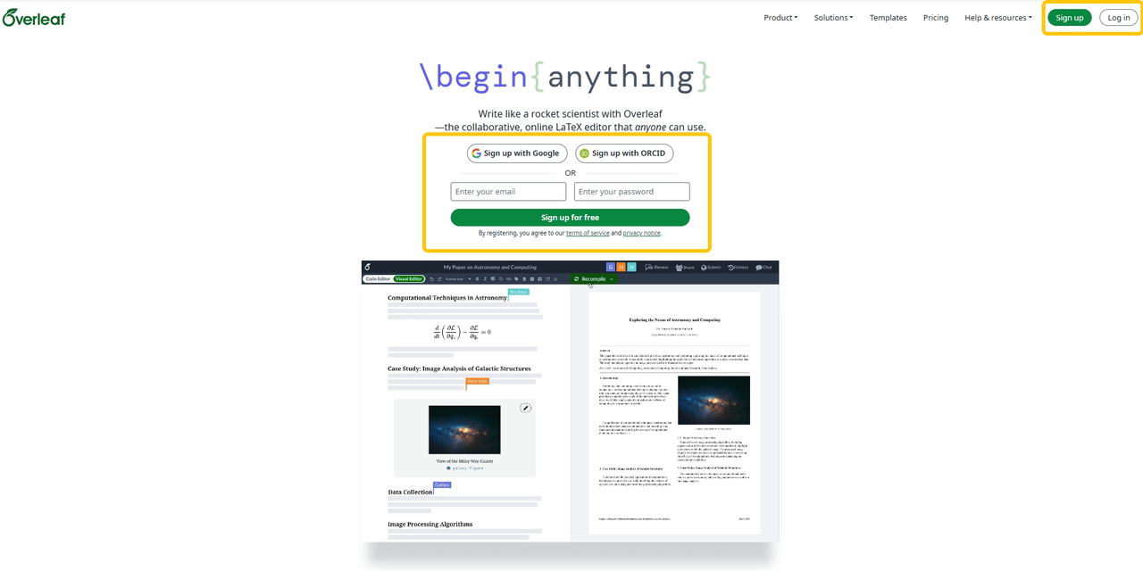Overleaf's interface for login and signup.