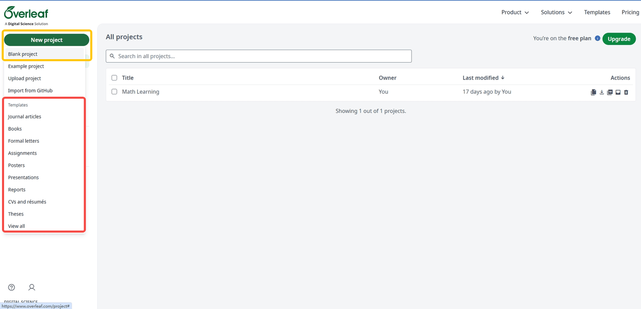 Annotated screen shot for creating a new project or choosing a template.