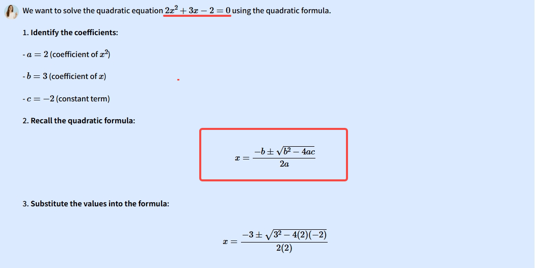 Step-by-step solution of a quadratic equation via the quadratic formula, showcasing GoMim's structured, easy-to-follow AI math solver approach.