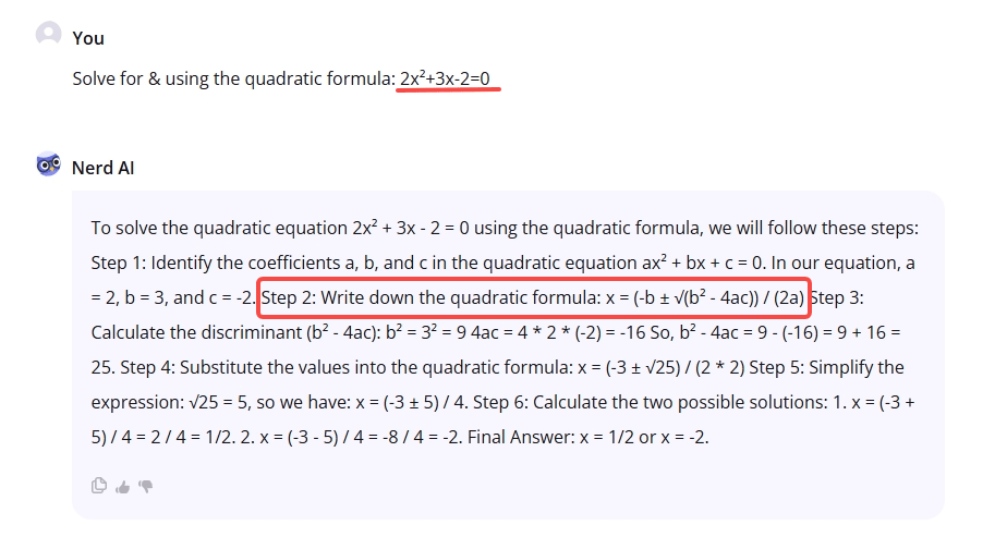 Nerd AI's text-heavy solution for a quadratic equation, demonstrating the math AI's rapid but less structured problem-solving output