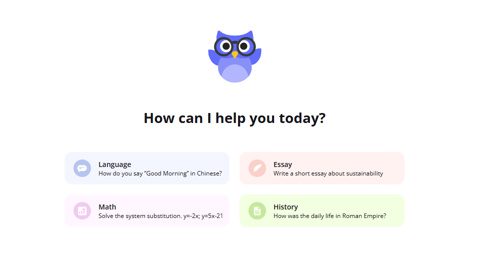 Nerd AI's interface showcasing cross-disciplinary support (language, essay, math, history), highlighting the versatile AI tool's range beyond just math.