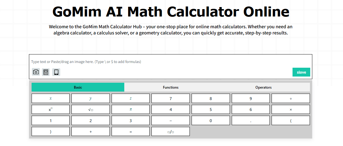 GoMim AI math calculator interface with input options and a virtual keyboard, supporting advanced operations as a powerful AI math solver.