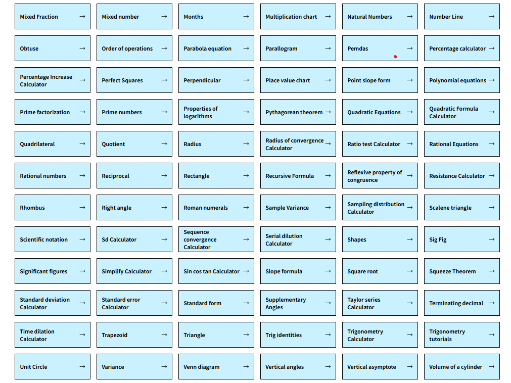 Categorized math topics (trigonometry, quadratic equations, etc.) showcasing the wide range of concepts the AI math solver GoMim supports.