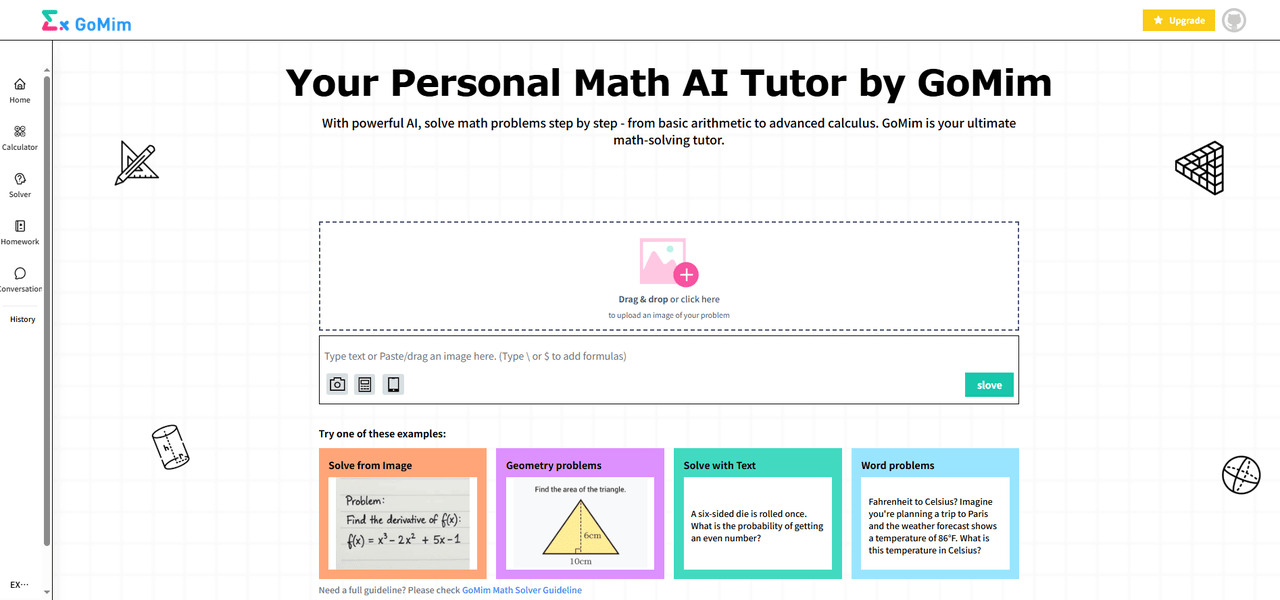 GoMim's minimalist AI math tutor interface with image upload, text input, and math-focused example cards for step-by-step problem solving.