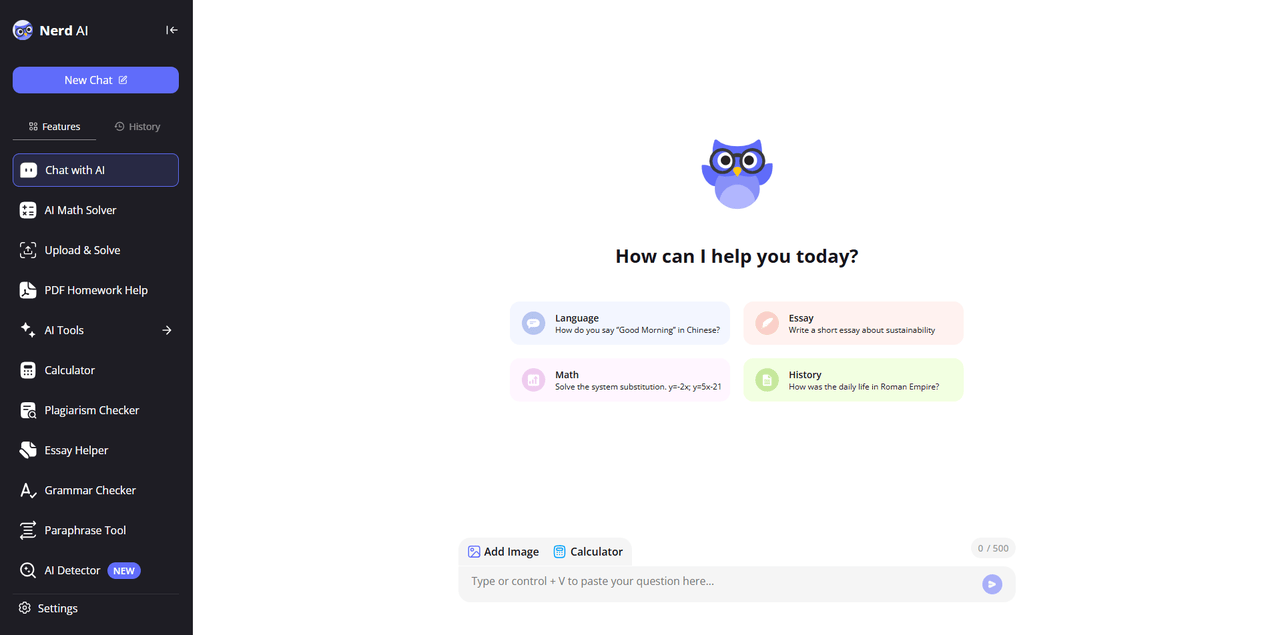 Nerd AI's versatile interface with cross-disciplinary subject categories (math, language, history) and simple input for diverse academic support.