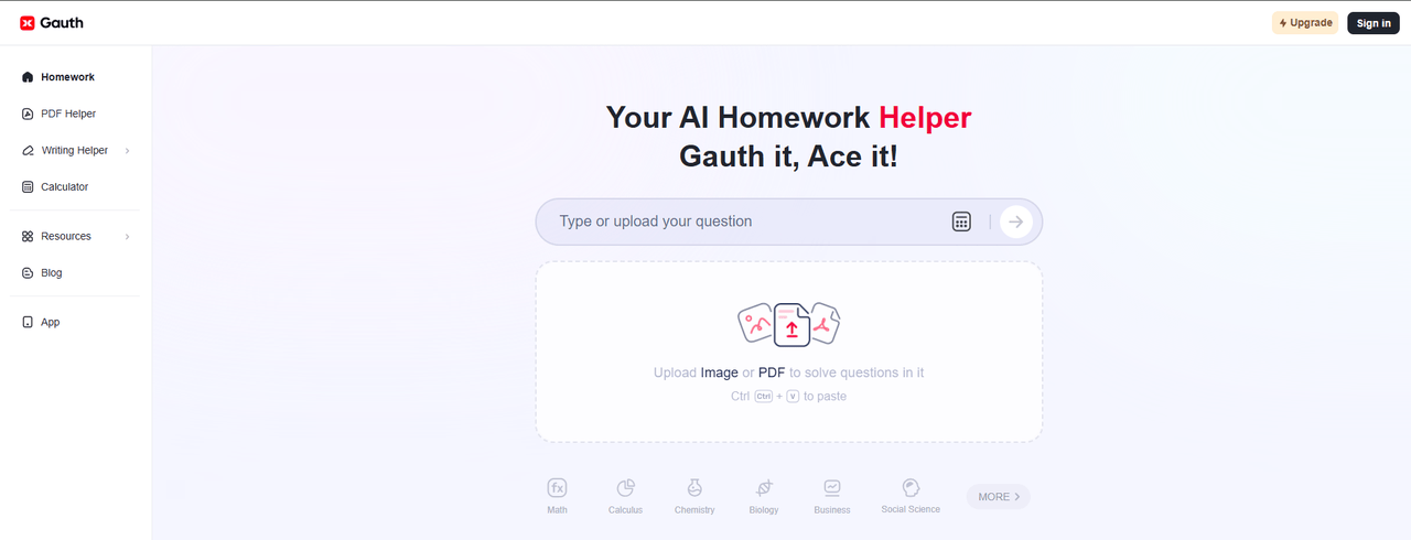 Gauth AI interface display, featuring functions like "Homework", "PDF Helper" and "Calculator", supporting math problem input or upload, and providing basic problem-solving services.