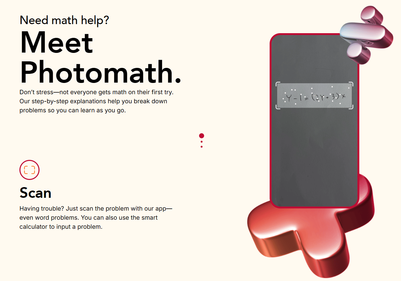 A math problem is photographed and solved step by step using Photomath AI, working like an AI Homework Helper.
