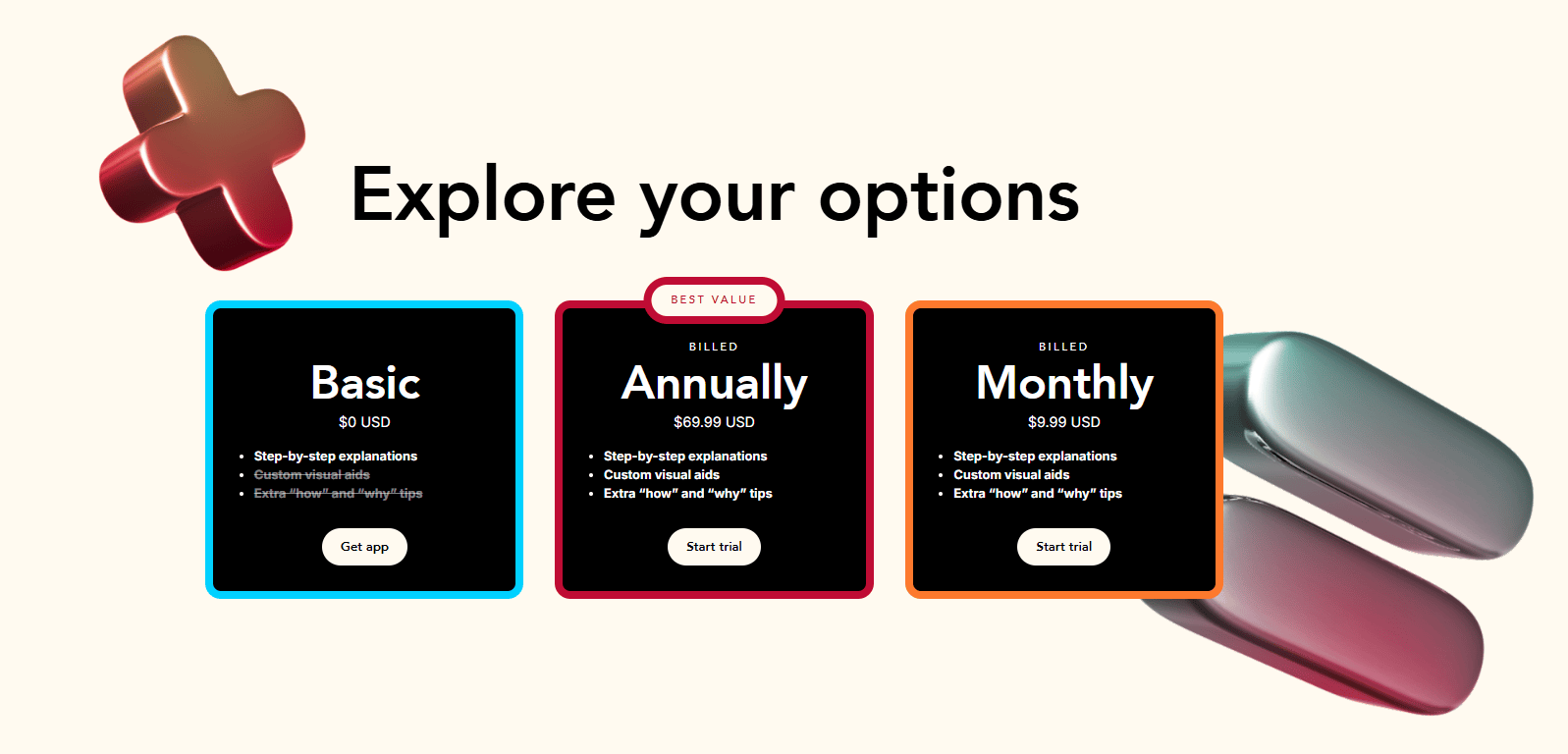Comparison of functions and limitations of Photomath free and paid subscription.
