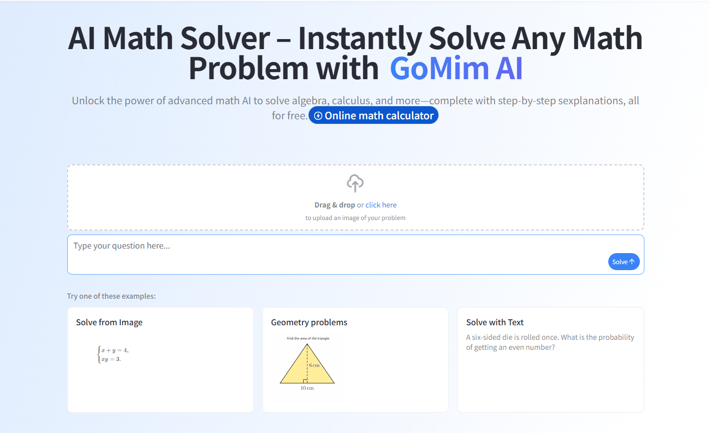 GoMim shown as a Math AI Solver that provides step-by-step answers, related formulas, and interactive learning paths from image or text input.