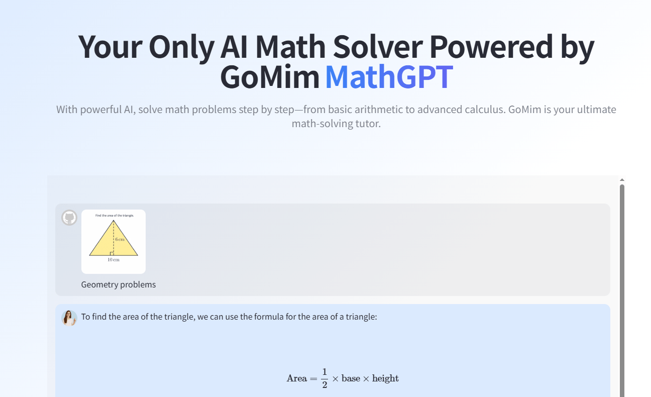 Interface shows how GoMim acts as a smart AI Math Solver delivering fast and step-by-step explanations.