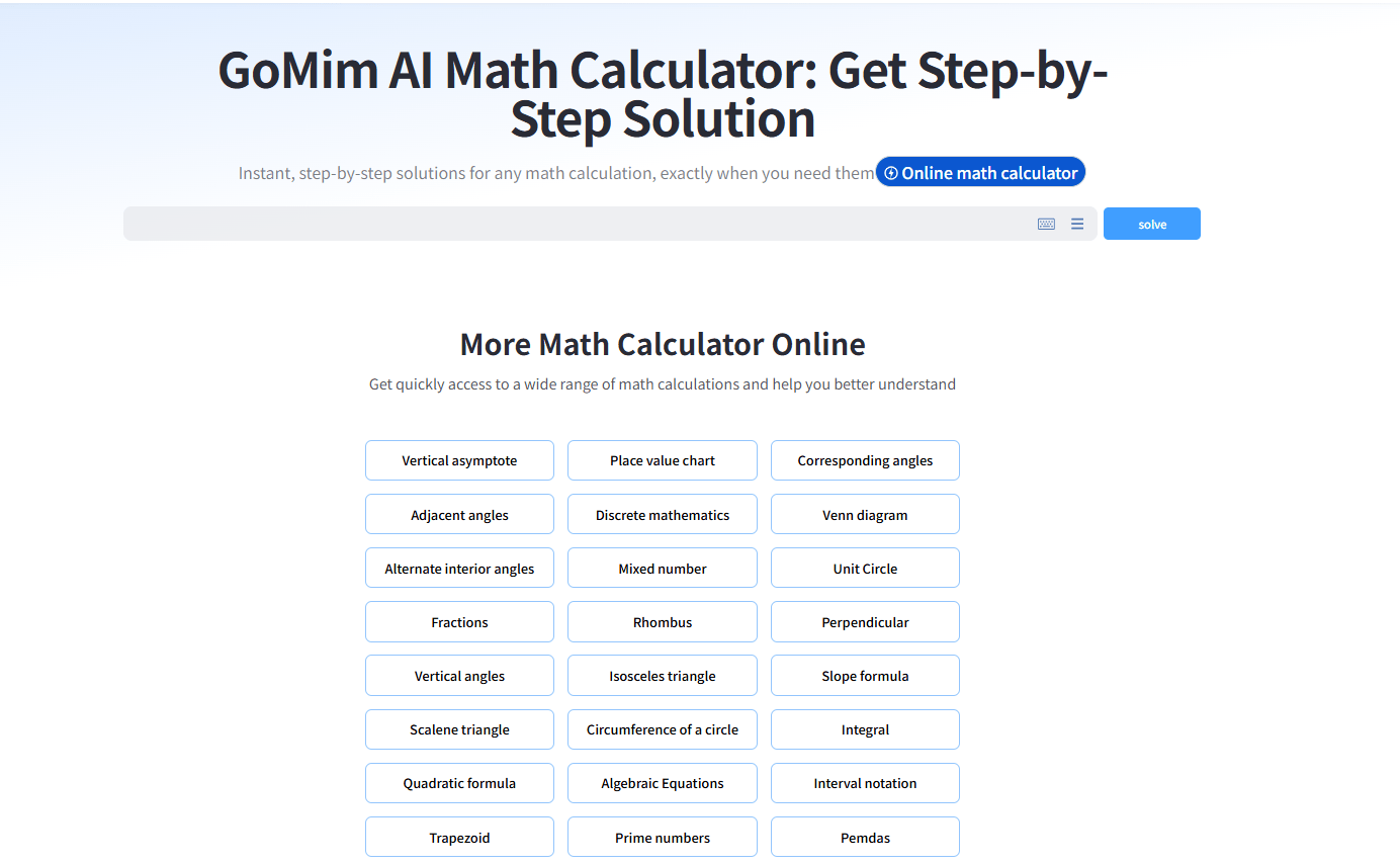 Interface shows GoMim supports a broad range of math topics.
