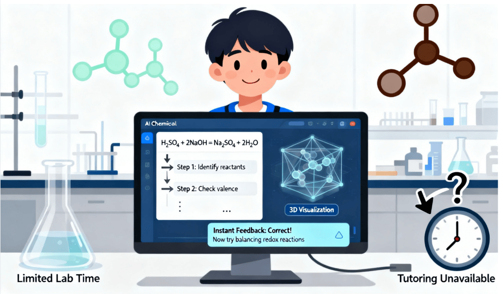 Illustration of Chemistry AI assisting a student in learning chemistry, addressing limitations like limited lab time and unavailable tutoring, with step-by-step guidance and 3D visualization.