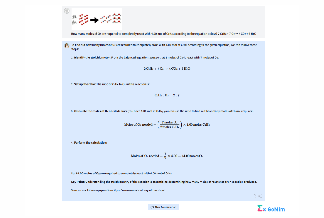 GoMim Chemistry AI: Solves mole calculation with step-by-step help.