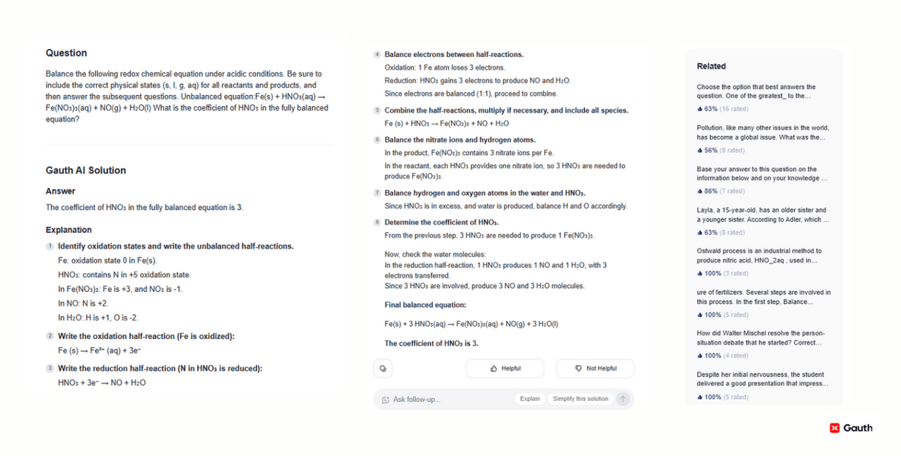 Gauth Chemistry Module: Shows redox equation balancing with detailed steps, alongside with related questions.