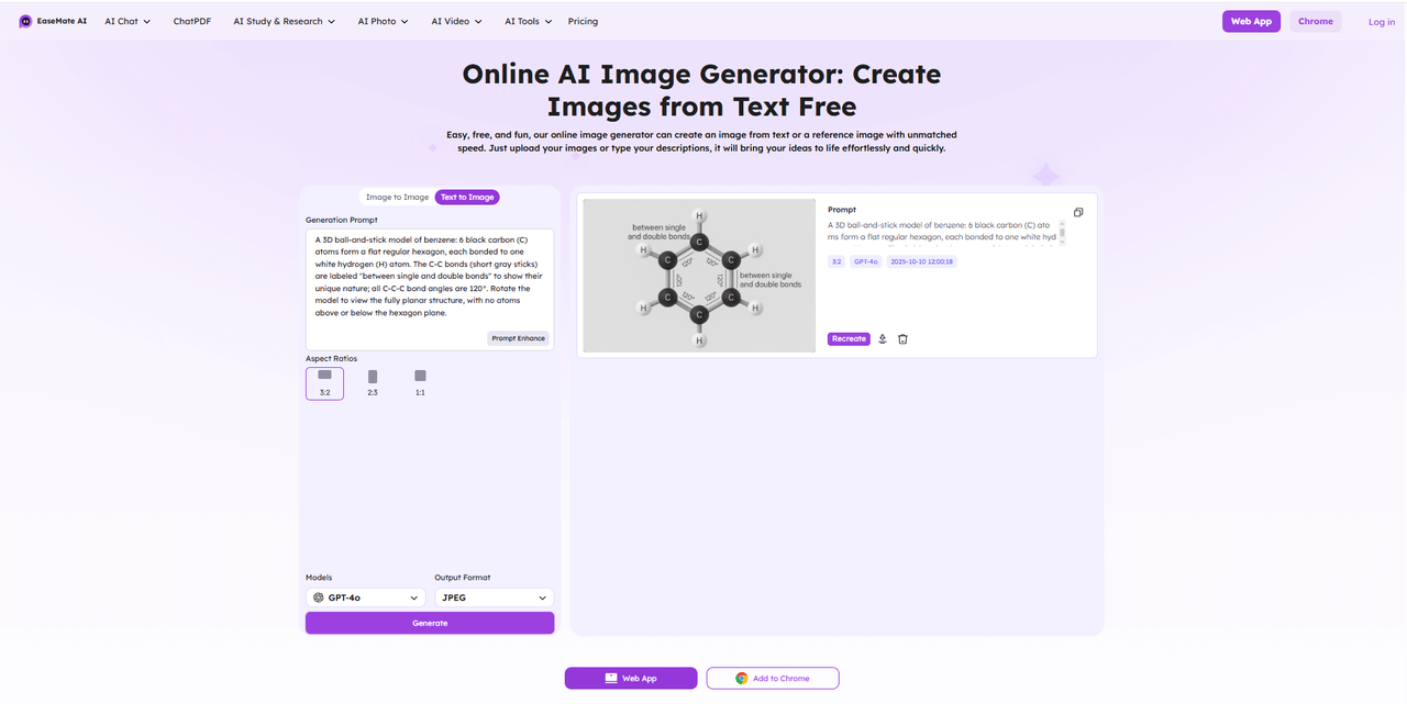 EaseMate AI Chemistry Solver: Generates 3D benzene molecules from a text prompt.