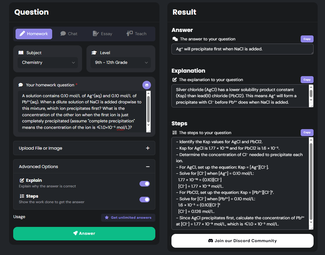 StudyMonkey AI Chemistry Tutor: Solves the precipitation problem with explanation and steps.