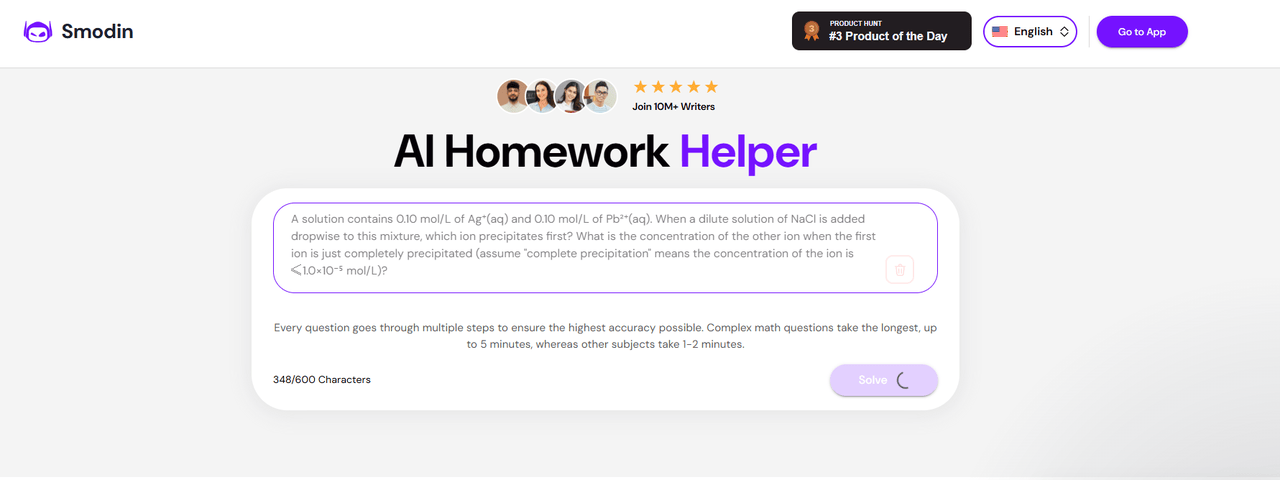 Smodin AI Chemistry Solver: Interface with precipitation problem ready for solving showing its slow response.