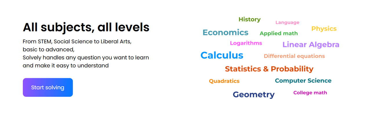 Solvely extends its support beyond mathematics to encompass subjects such as physics and chemistry.
